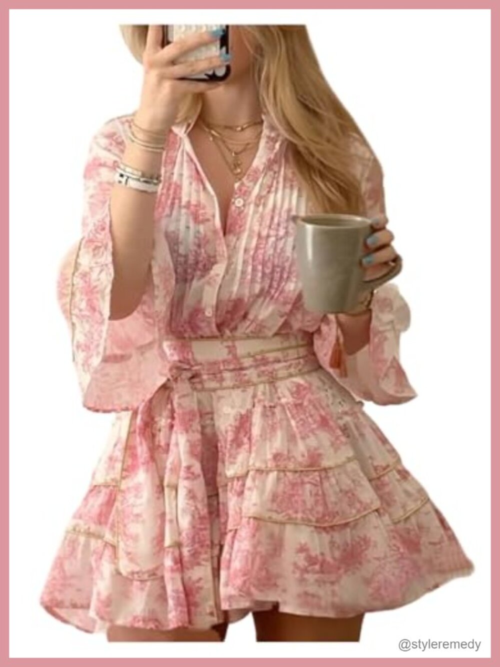 Women's Floral Mini Dress Notched V Neck Flare Sleeve Ruffle Hem High Waist